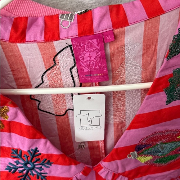 Queen of Sparkles Festive Pink Striped Christmas Collar Dress-fully sequined - Picture 2 of 6